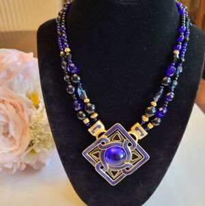 Chico's Necklace Celtic Square Pendant Cobalt Blue Glass Matte Goldtone Jewelry